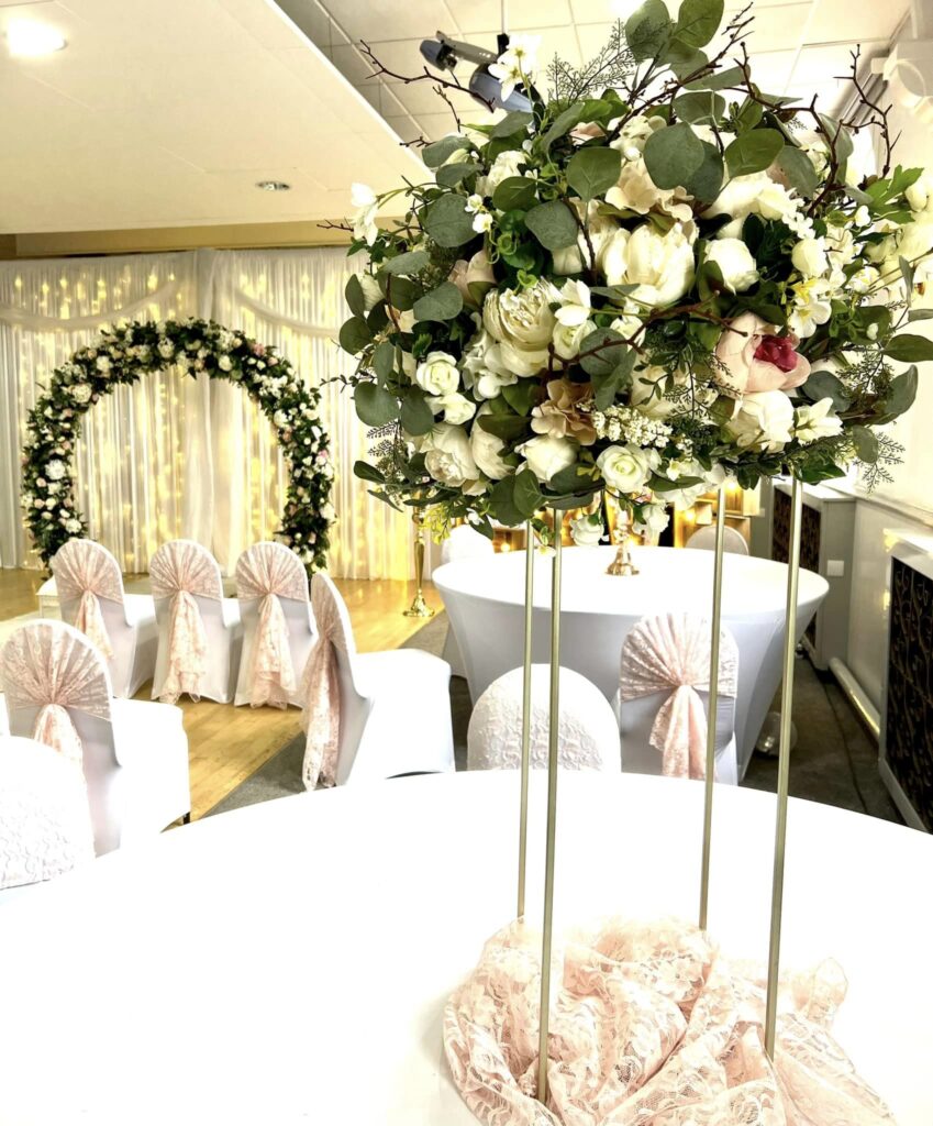 Floral arch, venue dressing, wedding, Llay Miners Welfare, North Wales Wedding