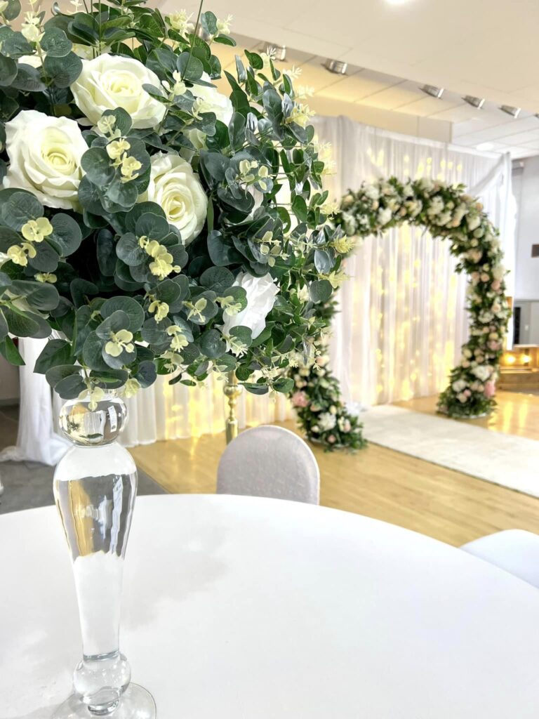 Floral arch, venue dressing, wedding, Wild Pheasant Hotel and Spa, North Wales Wedding, Vase