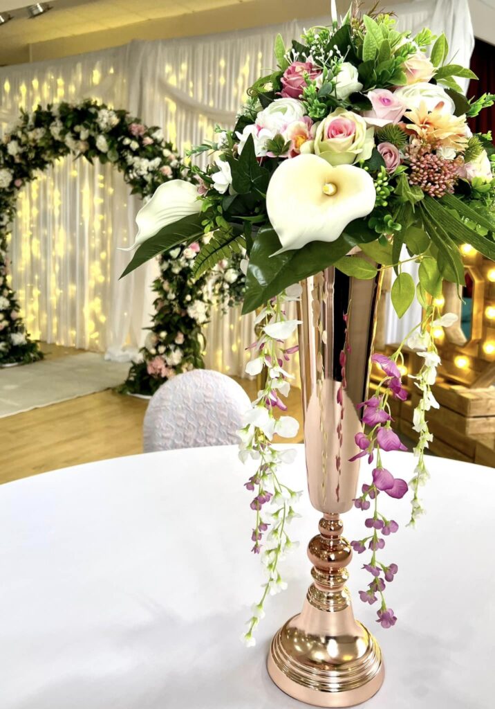 Floral arch, venue dressing, wedding,  North Wales Wedding, vase