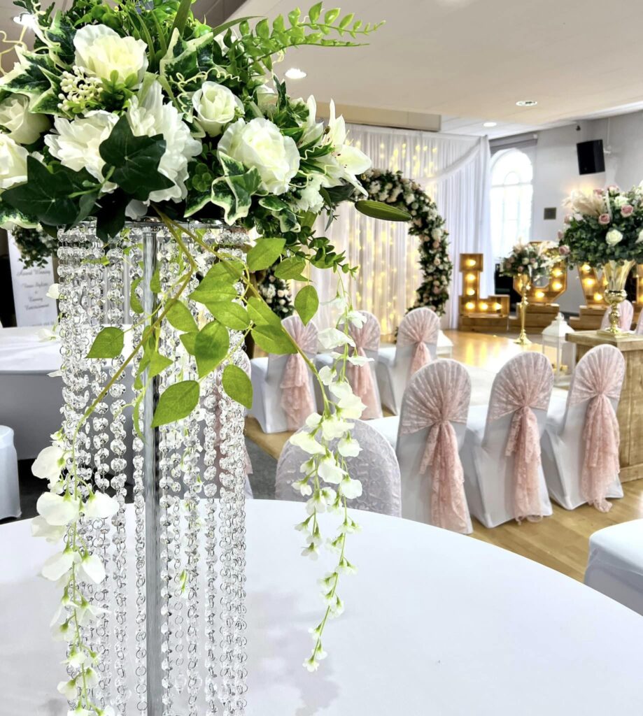 Floral décor, venue dressing, wedding,  North Wales Wedding, Venue dressing